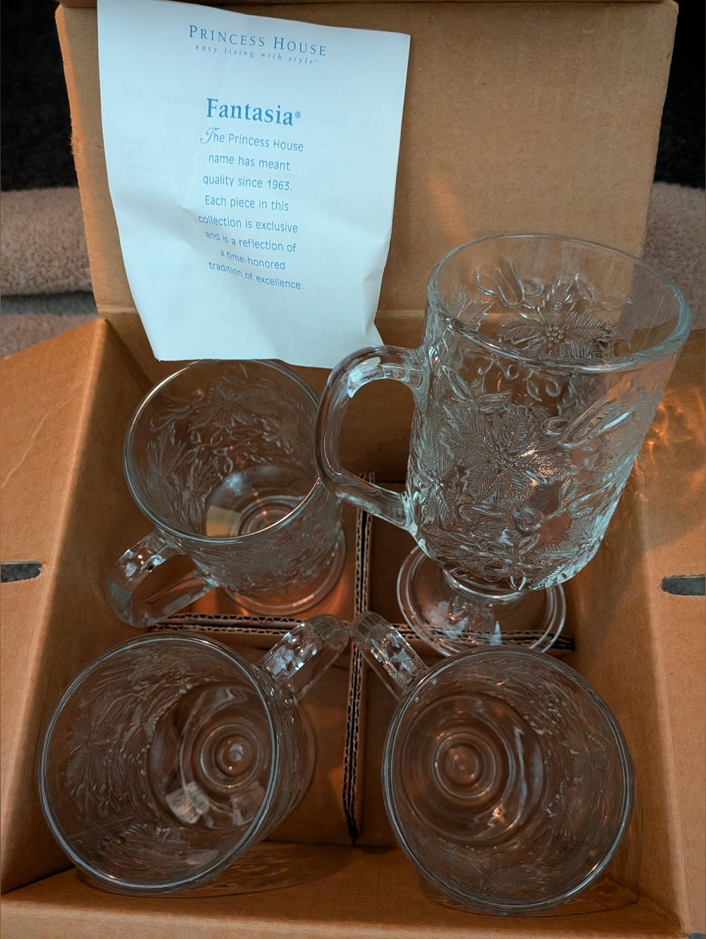 Princess House Fantasia Floral Crystal Footed Coffee Drink Mugs 523 NEW